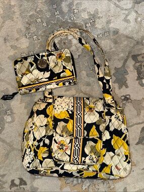 Vera Bradley Black, Yellow & Cream Quilted Floral Shoulder Bag with Wallet